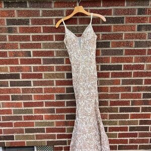 City Studio Beige Champagne Rose Gold Sequin Mermaid Fit Gown Dress
